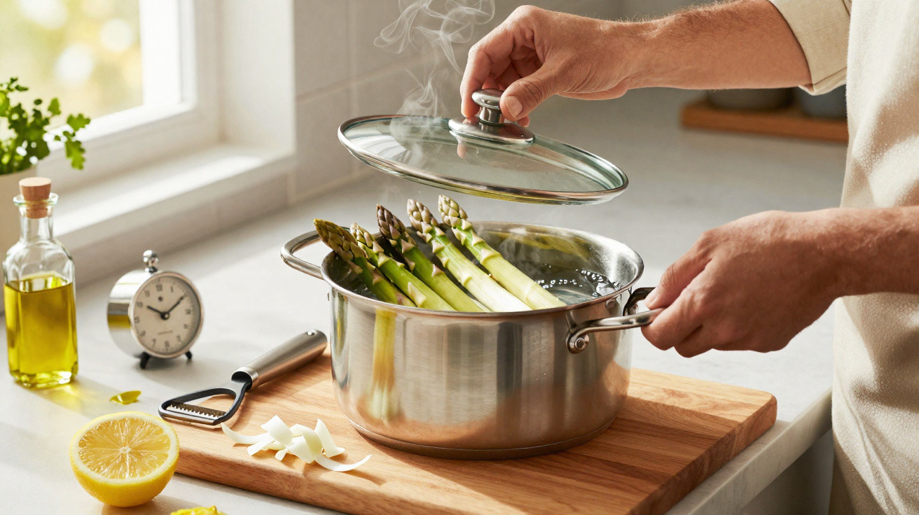 Pessoa a levantar tampa de panela com espargos verdes a cozinhar numa cozinha iluminada.