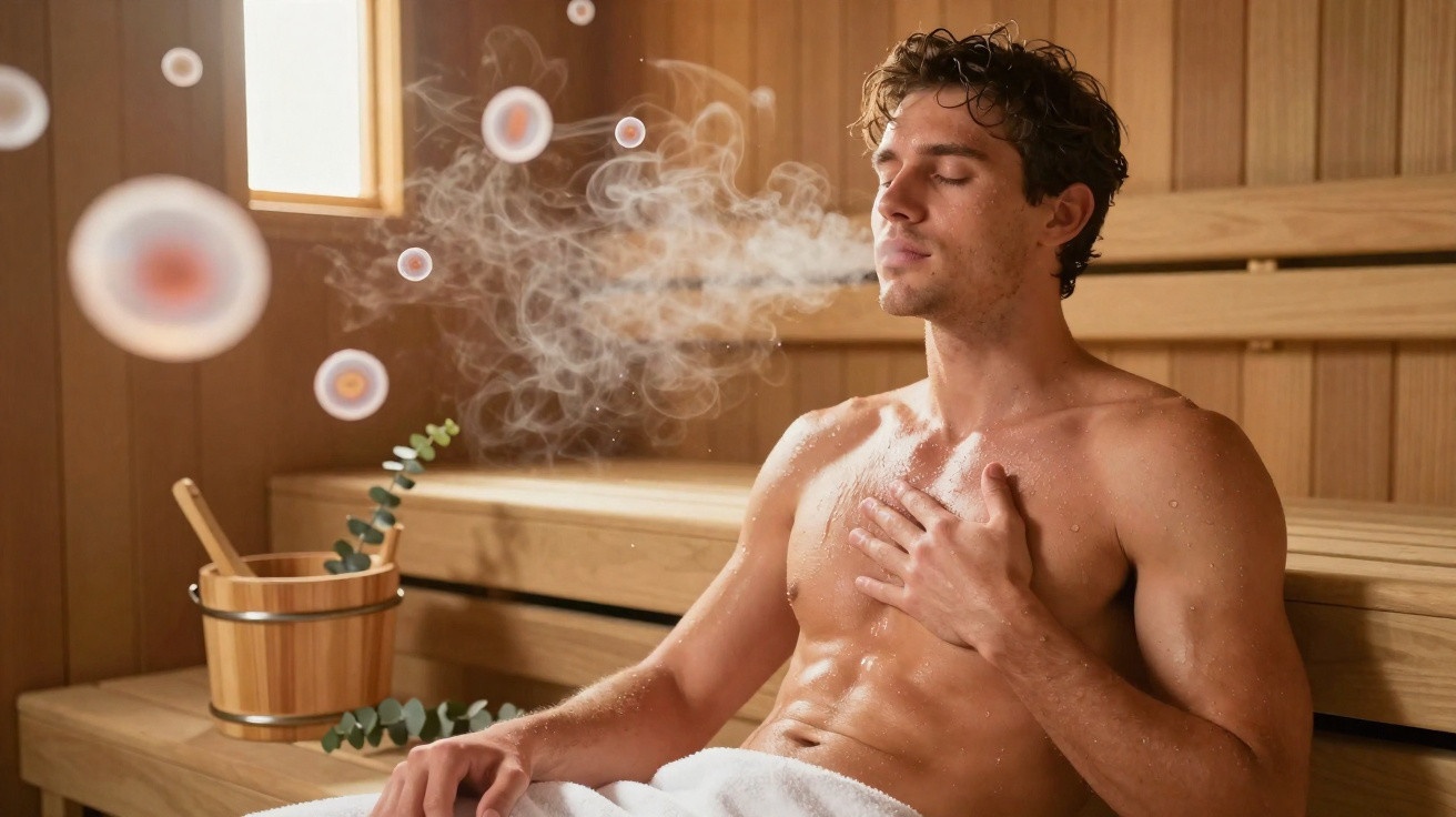 Homem relaxado sentado numa sauna de madeira, com olhos fechados e vapor saindo da boca.