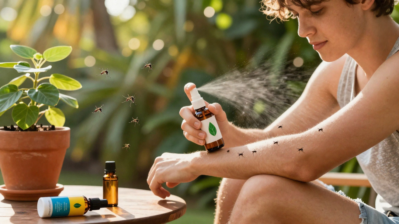Pessoa a borrifar repelente na mão para afastar mosquitos pequenos num ambiente exterior.