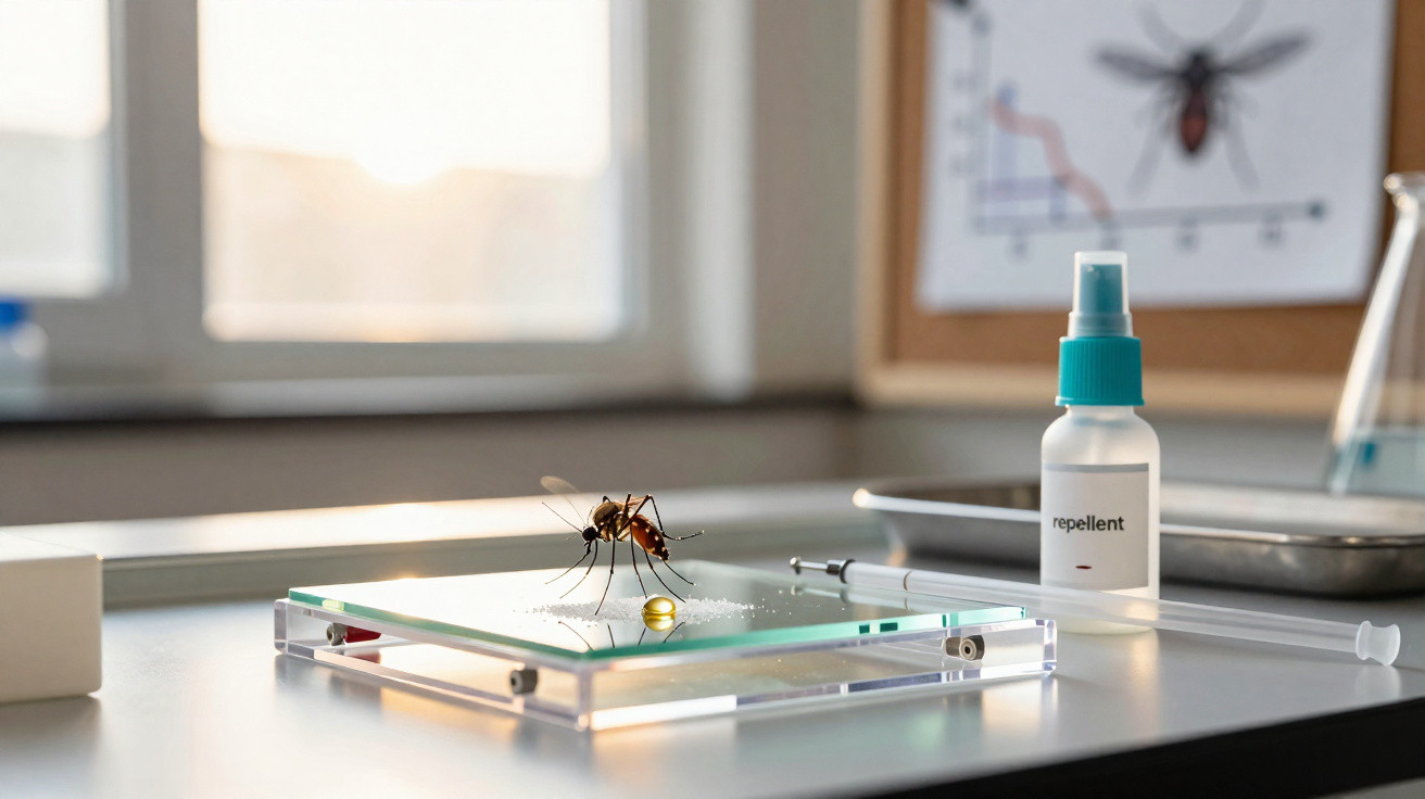 Mosquito sobre lâmina de vidro numa bandeja metálica com seringa e frascos num laboratório.