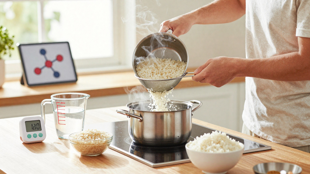 Pessoa a transferir arroz fumegante de panela pequena para panela maior na cozinha moderna.