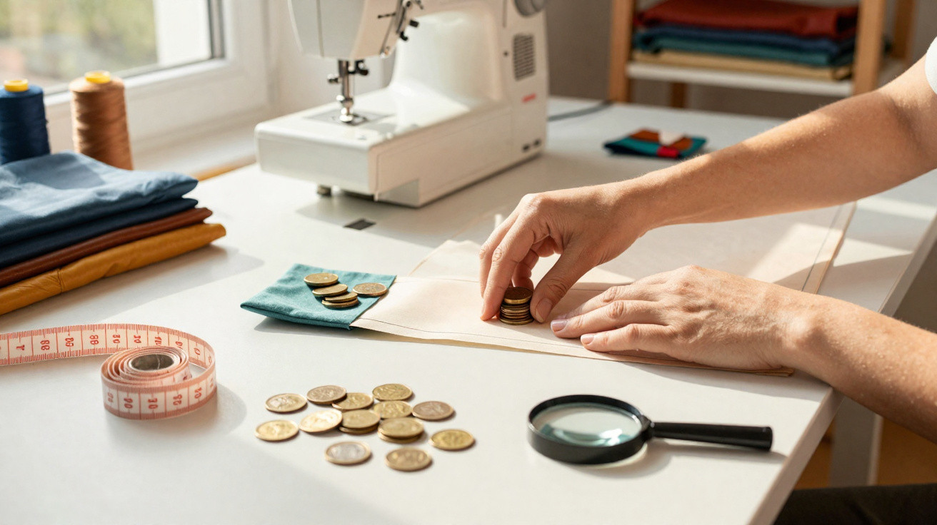 Mãos a organizar moedas sobre uma mesa com máquina de costura, fita métrica e lupa num ambiente de trabalho.