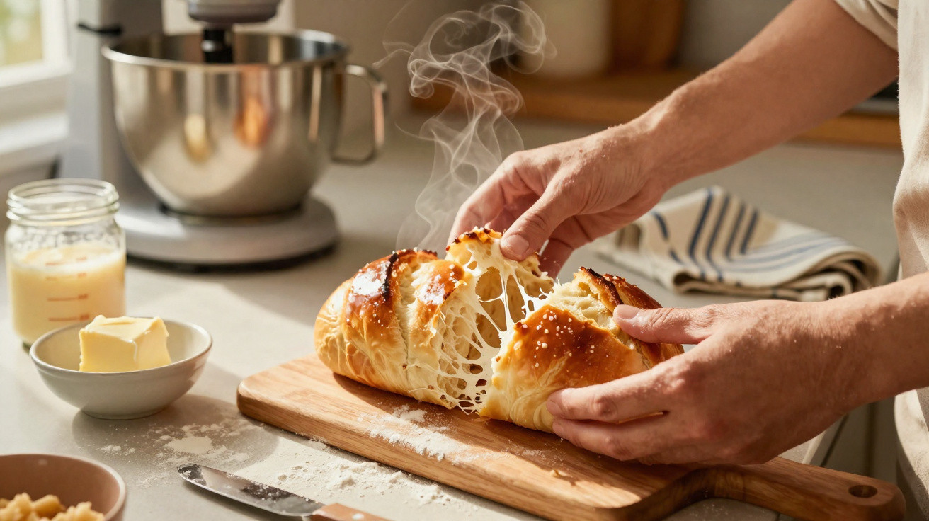 Pessoas a partir um pão quente recheado com queijo derretido numa cozinha luminosa.