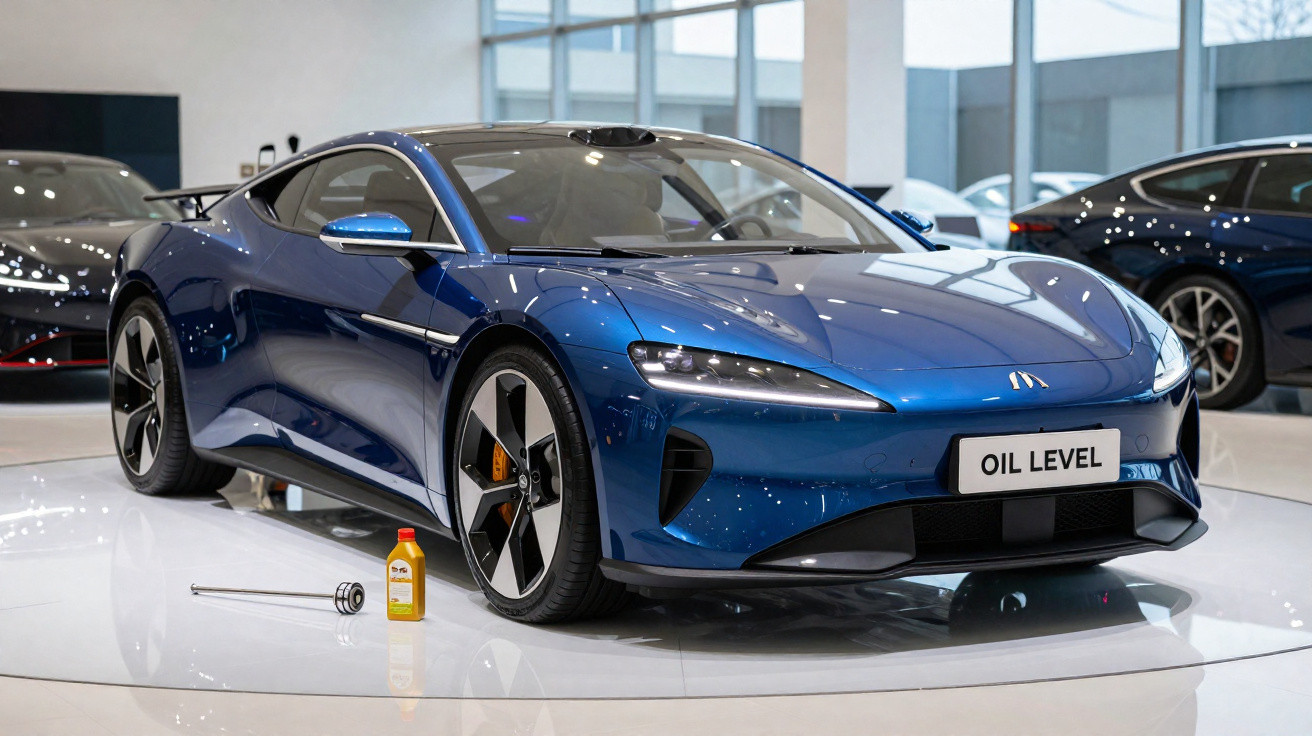 Carro desportivo elétrico azul exposto em sala com garrafa de óleo e chave inglesa no chão.