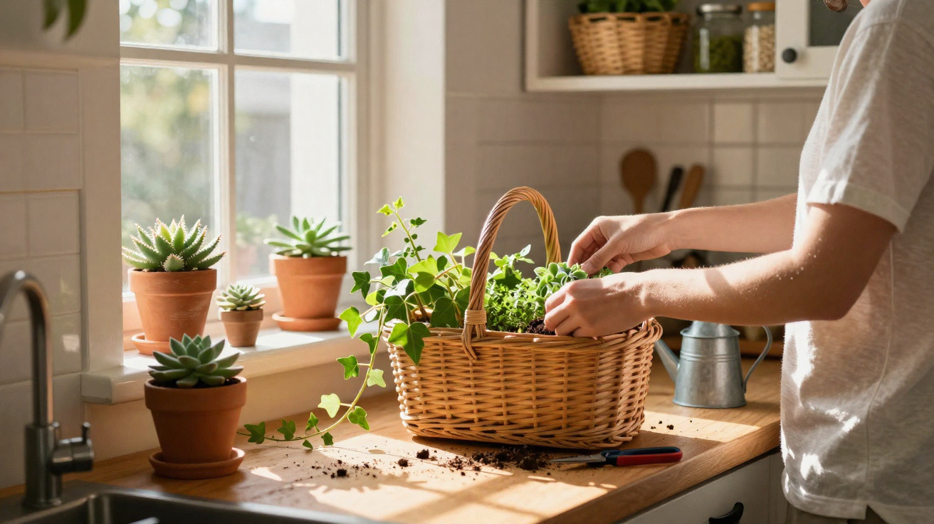 Pessoa a cuidar de plantas suculentas e de interior numa cozinha com luz natural.