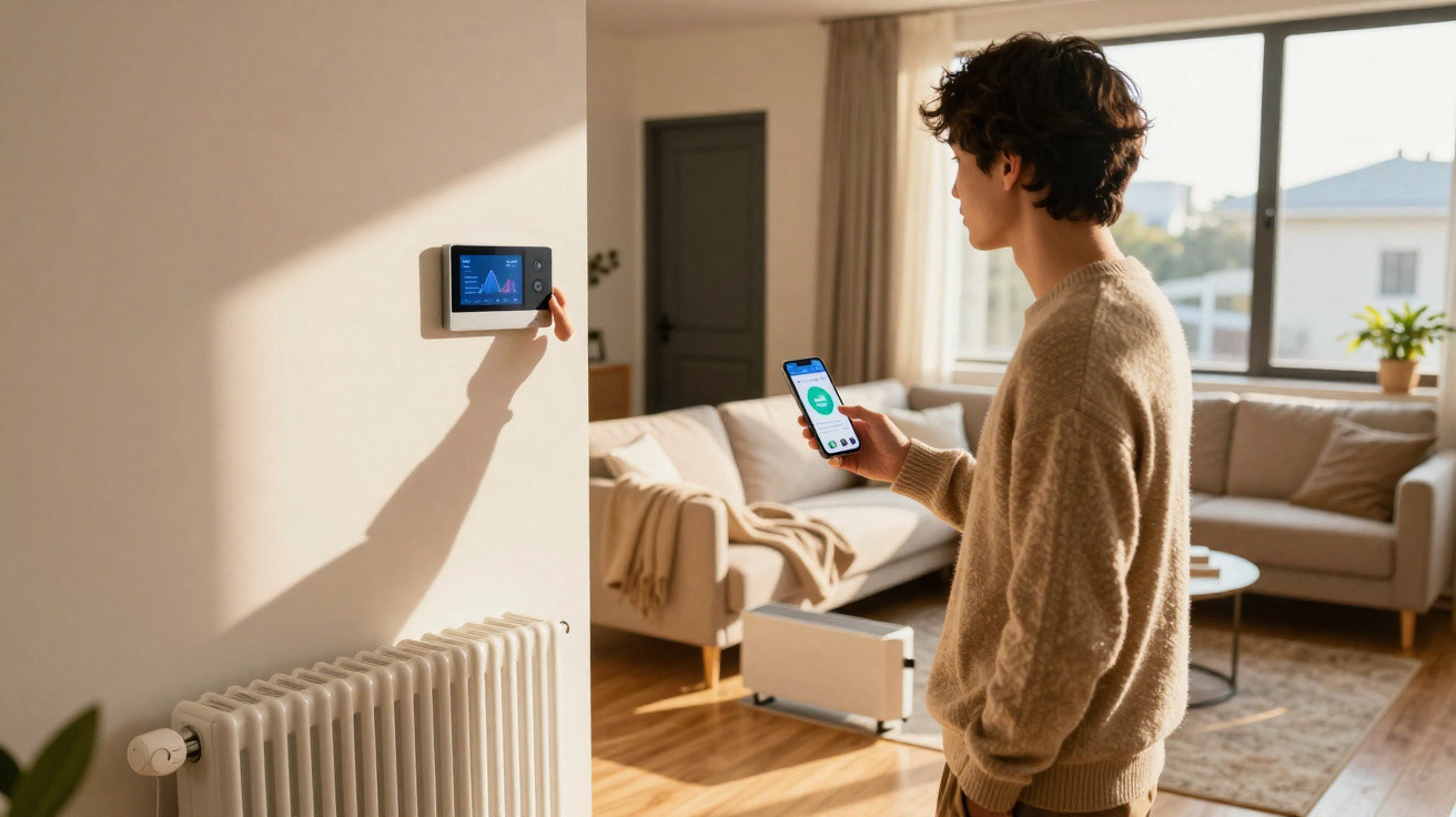 Pessoa controla aquecimento de casa com smartphone e termóstato digital numa sala moderna.