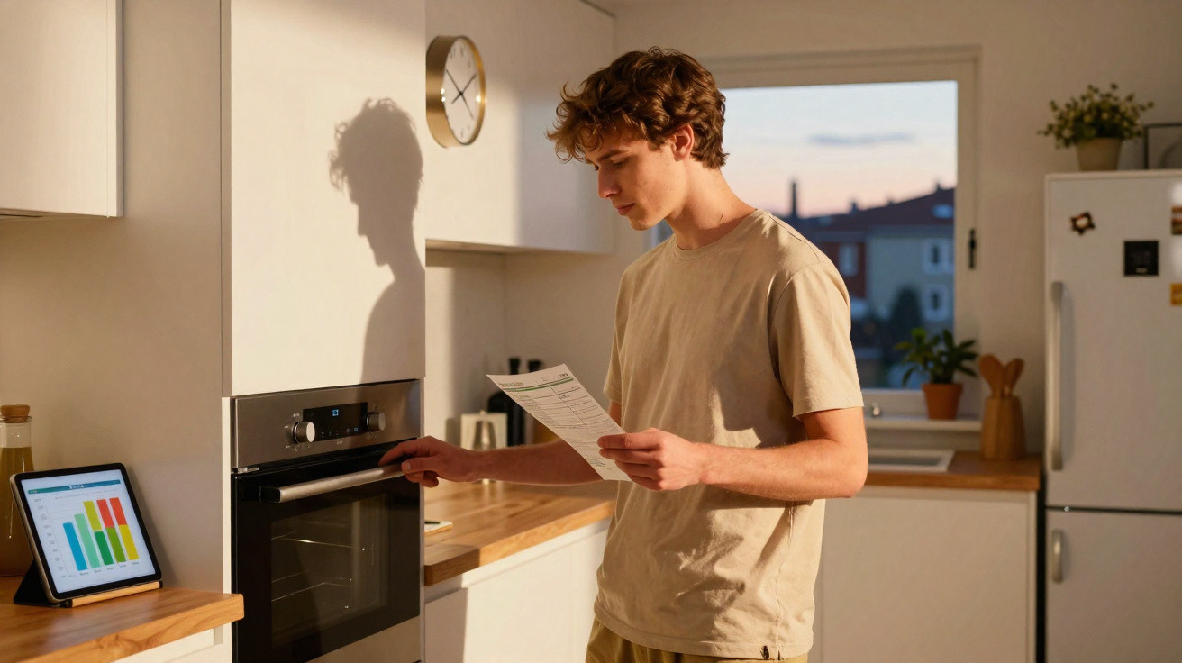 Jovem a ler instruções enquanto prepara o forno na cozinha iluminada ao final da tarde.