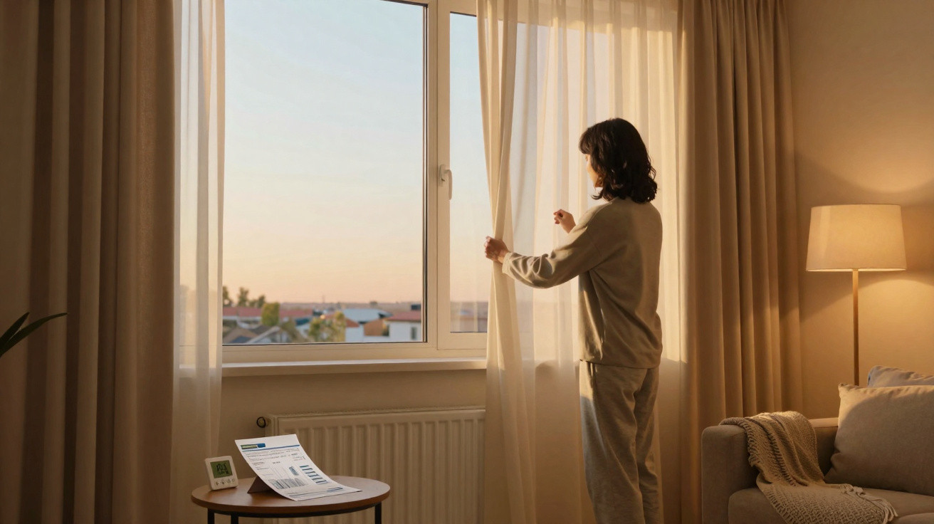 Mulher de pijama a abrir a cortina numa sala acolhedora ao amanhecer com luz natural e móveis neutros.