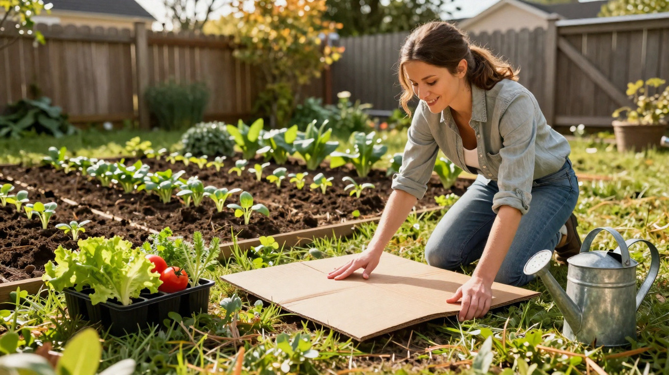 Mulher sorridente a preparar área de plantação numa horta com regador e plantas ao lado.