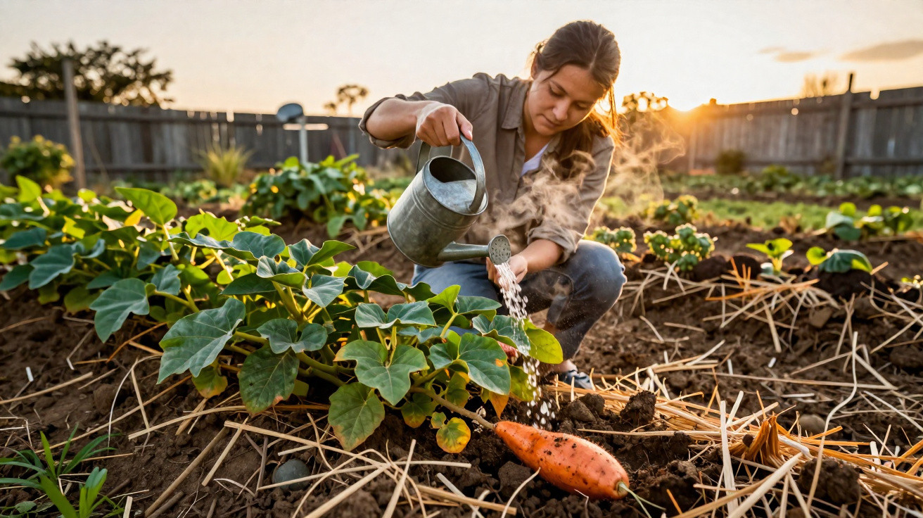 Mulher regando planta num jardim ao pôr do sol com batata-doce visível no solo.