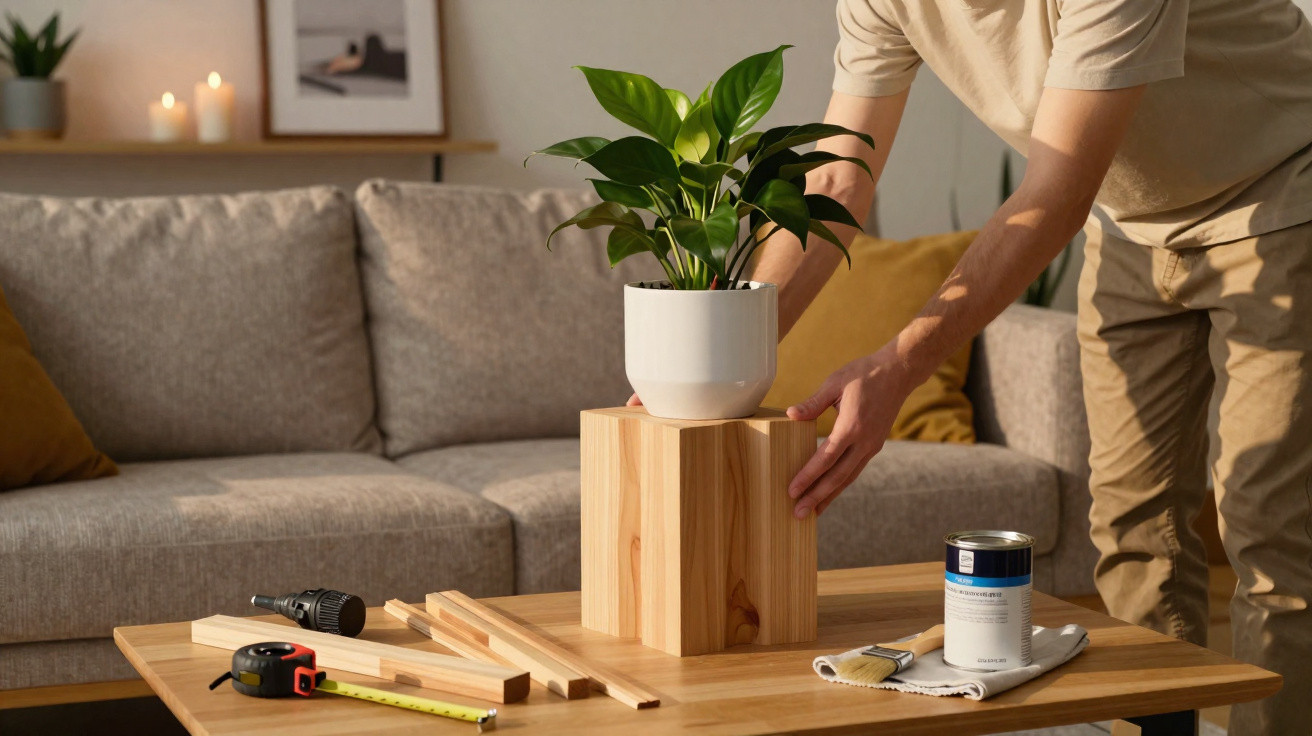 Pessoa a posicionar vaso com planta sobre bloco de madeira numa mesa de centro em sala de estar.