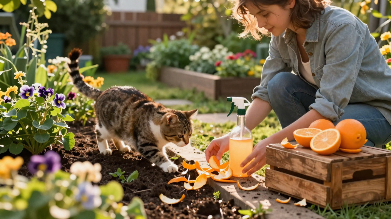 Mulher no jardim a espalhar cascas de laranja no chão, com gato a cheirar as cascas.