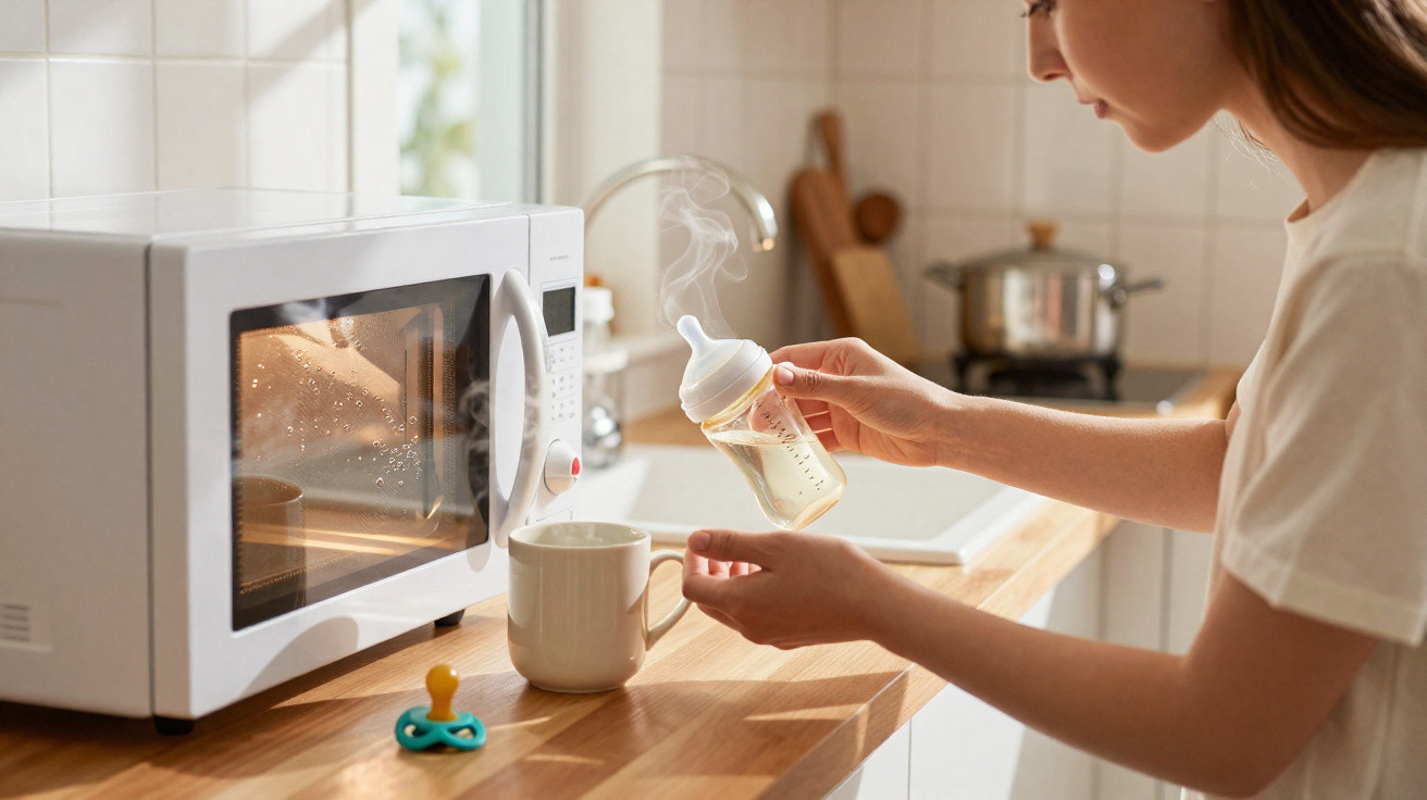 Mulher aquece o biberão de leite no micro-ondas numa cozinha iluminada e contemporânea.