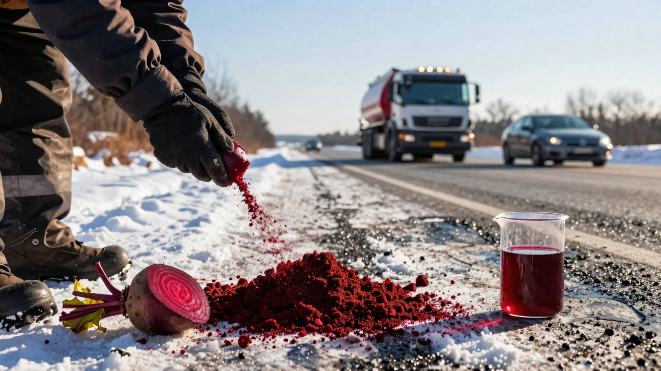 Pessoa a esfarelar beterraba vermelha na estrada gelada, com veículos a passar ao fundo.