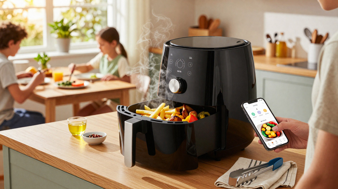 Frigideira elétrica de ar quente preta a cozinhar batatas fritas com família ao fundo na cozinha.