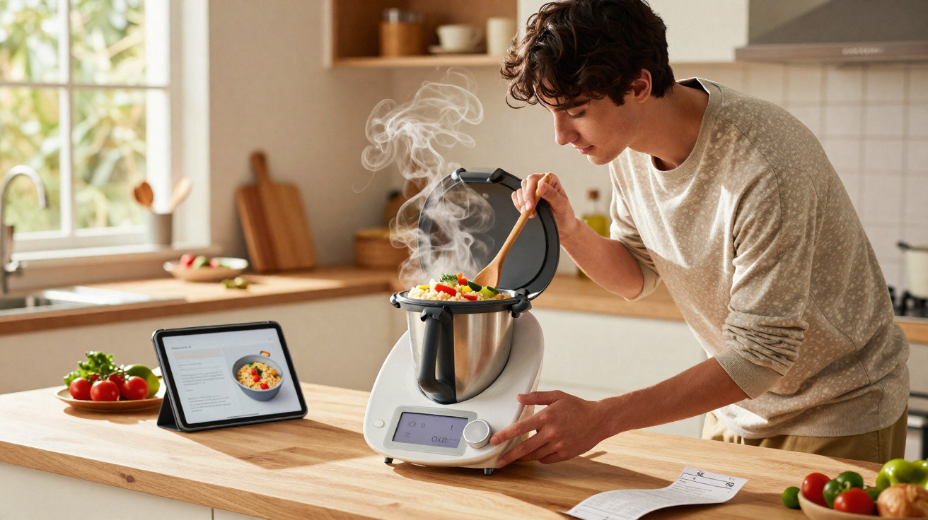 Jovem a cozinhar com robot de cozinha na cozinha moderna, seguindo receita num tablet.