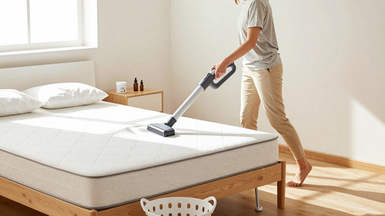 Pessoa a aspirar um colchão branco numa cama de madeira num quarto iluminado pelo sol.