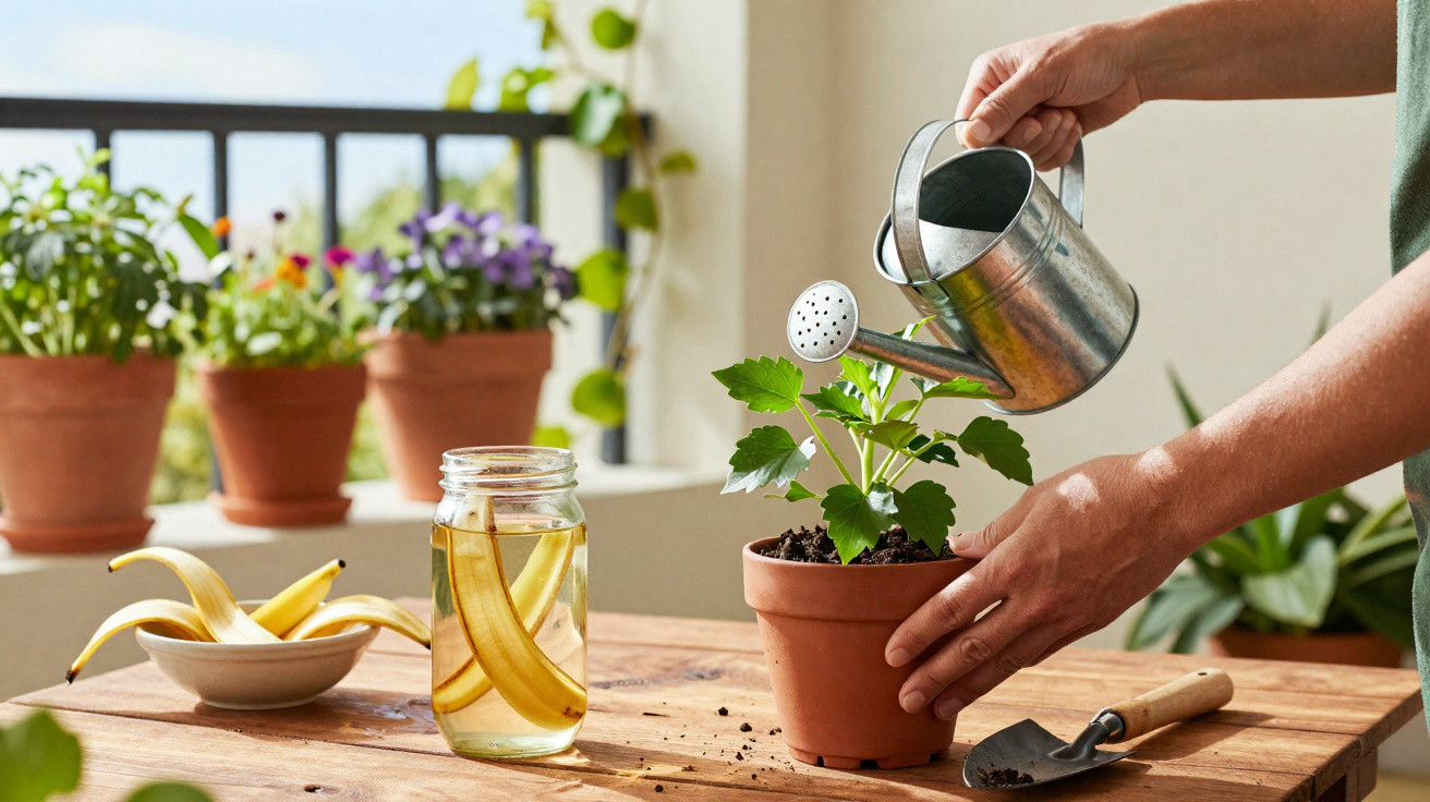 Pessoa a regar planta em vaso de barro num ambiente com várias plantas e terra sobre a mesa de madeira.