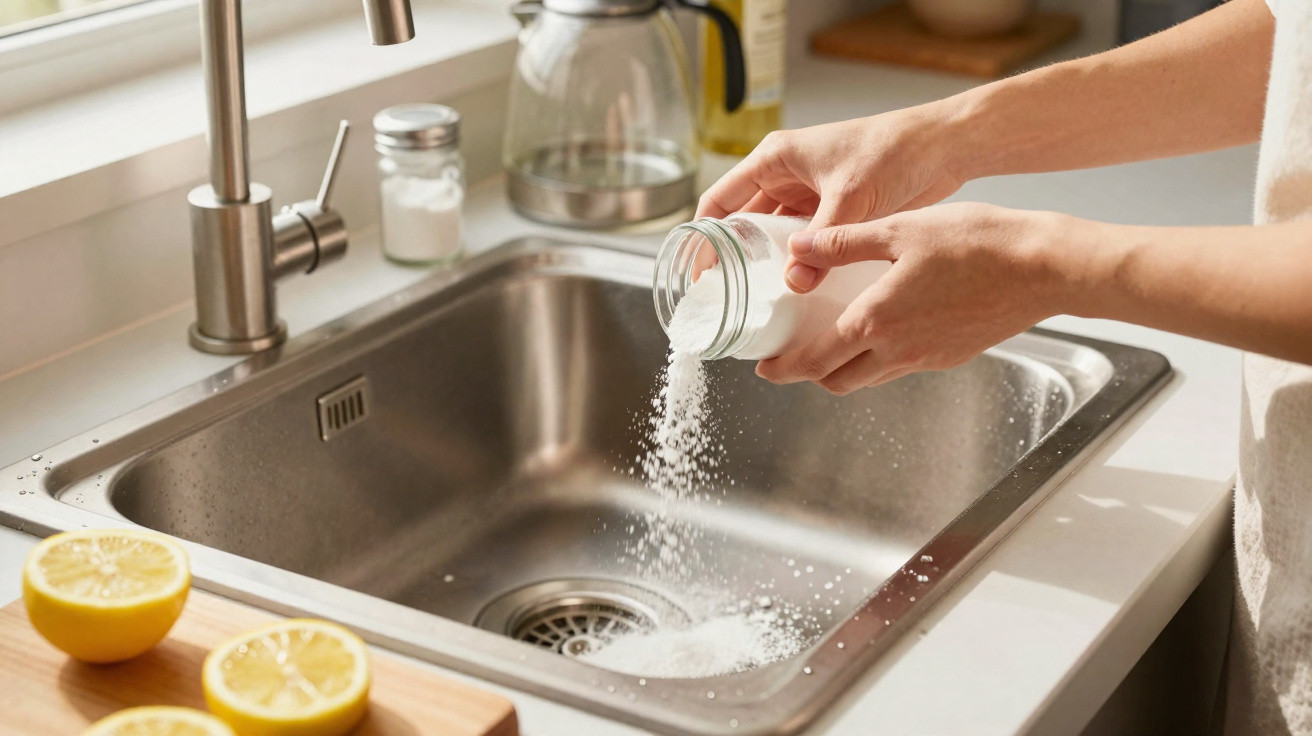 Pessoa a deitar sal na água da torneira numa pia de cozinha com limões cortados ao lado.