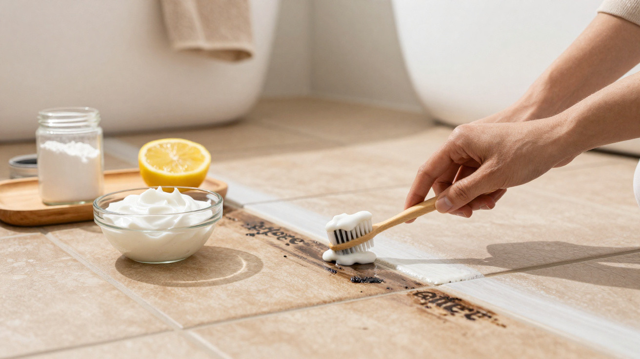 Mão a limpar sujidade das juntas de cerâmica com pasta branca e uma escova de dentes.