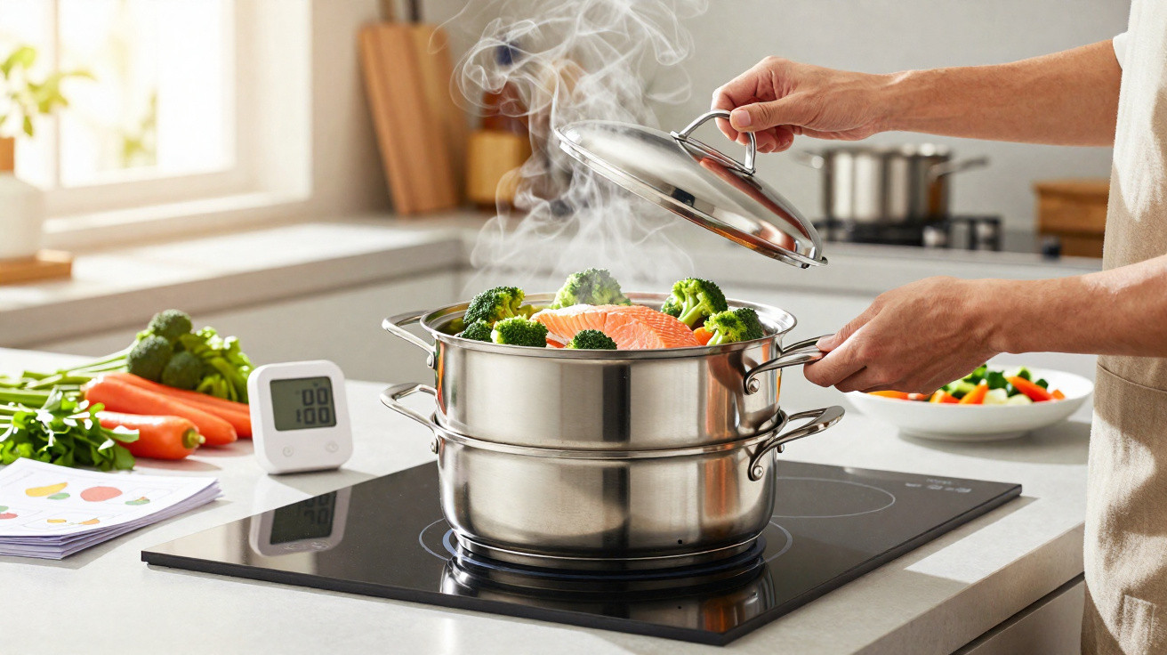 Panela a vapor com salmão e brócolos a ser destampada numa placa de fogão moderna.