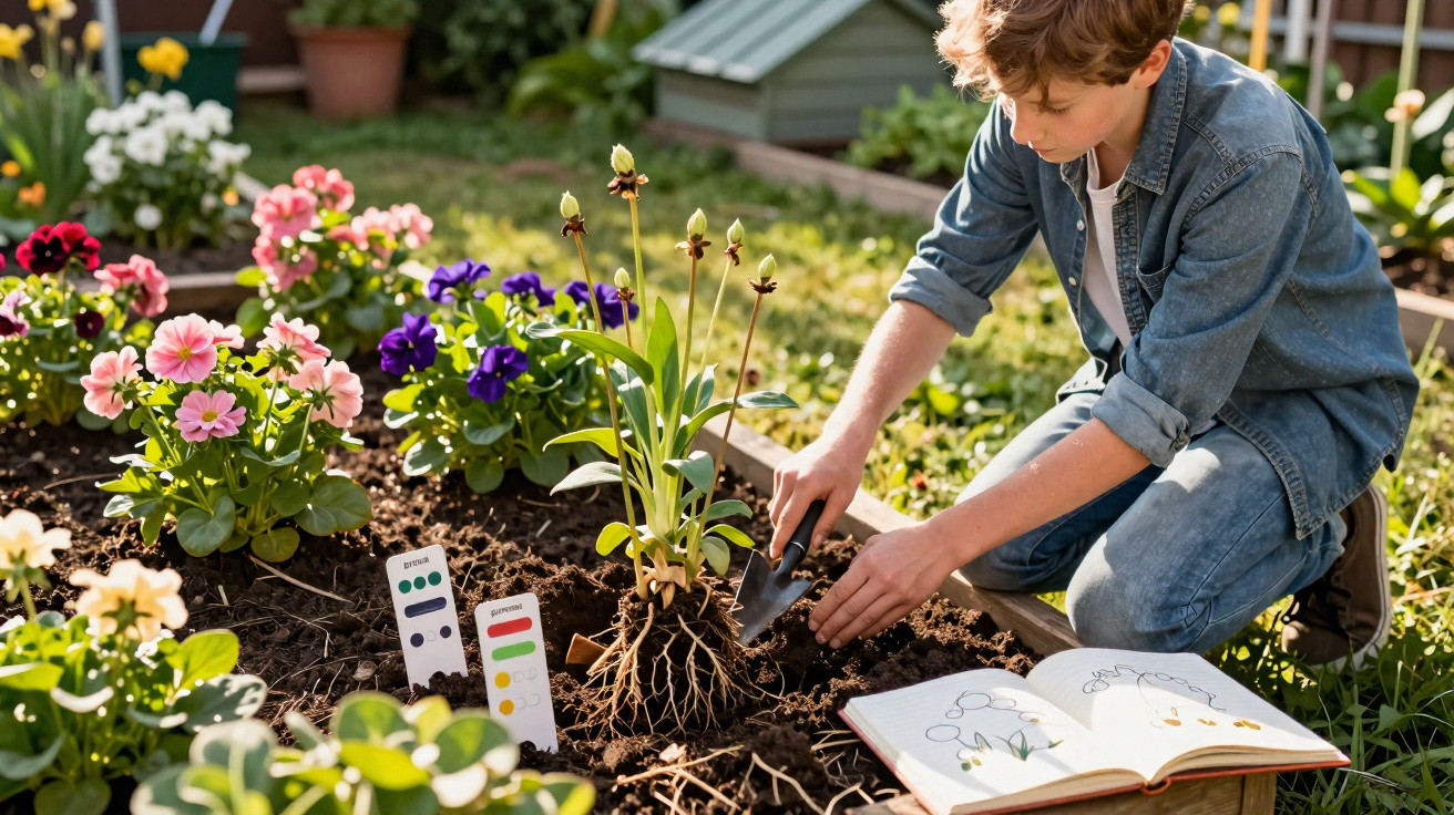 Menino a plantar flores num jardim com livro aberto e indicadores de medição de solo.