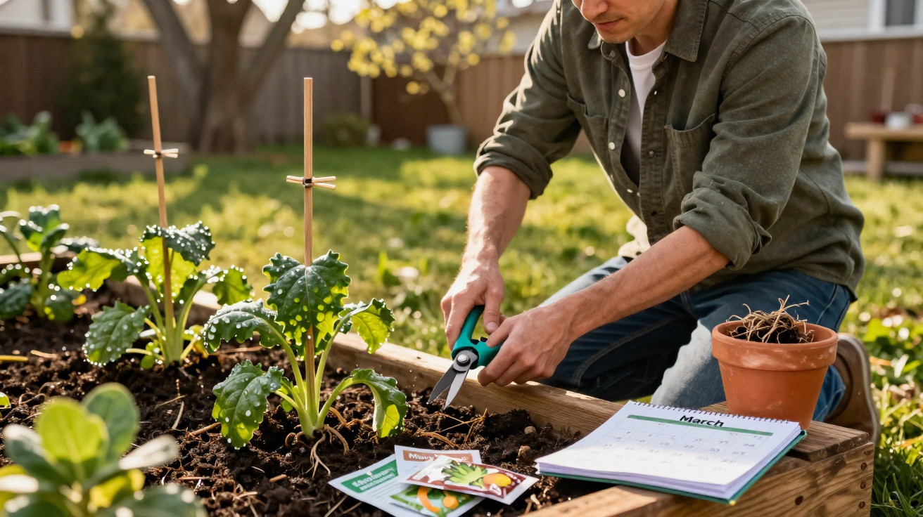 Homem a cuidar de plantas num canteiro com revistas e um vaso, em jardim ensolarado.