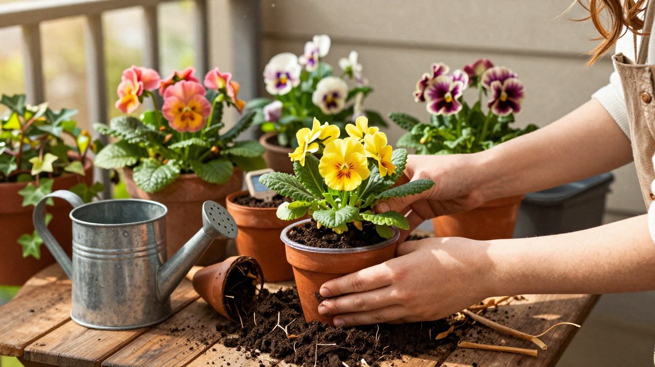 Pessoa a cuidar de um vaso de flores amarelas numa mesa com regador e terra espalhada, varanda ao fundo.