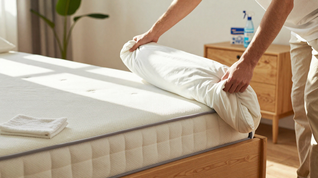Pessoa a colocar prenda de cama branca numa cama com colchão em ambiente luminoso.