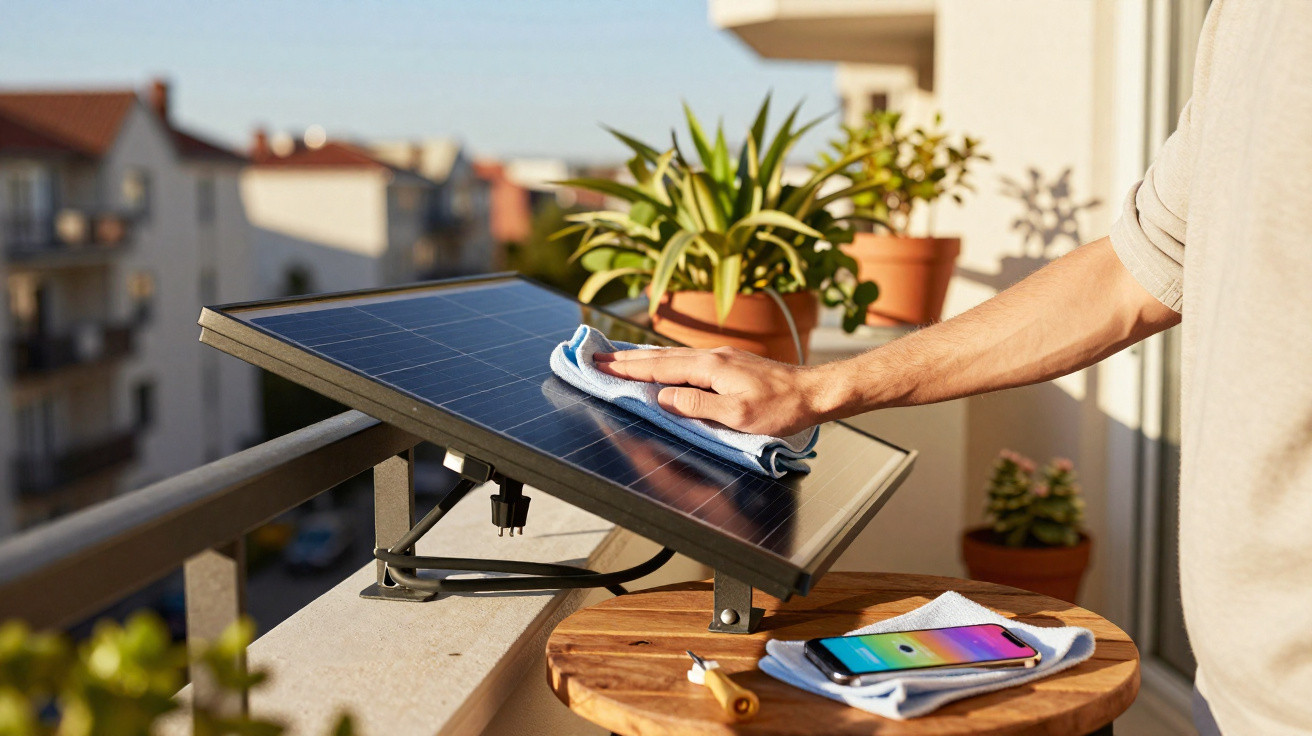 Pessoa a limpar painel solar no varandas com smartphone e plantas ao fundo.