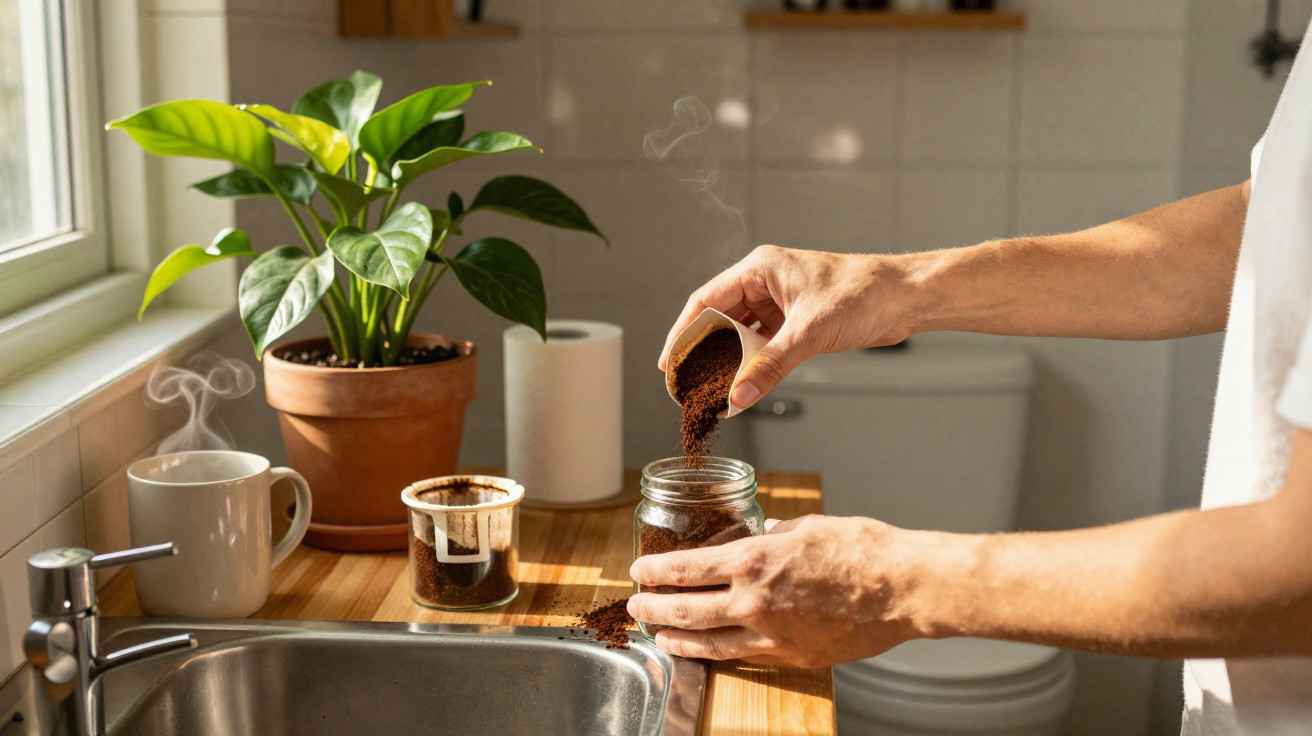 Mãos a colocar café moído num frasco de vidro numa cozinha com planta, caneca e filtro de café sobre bancada.