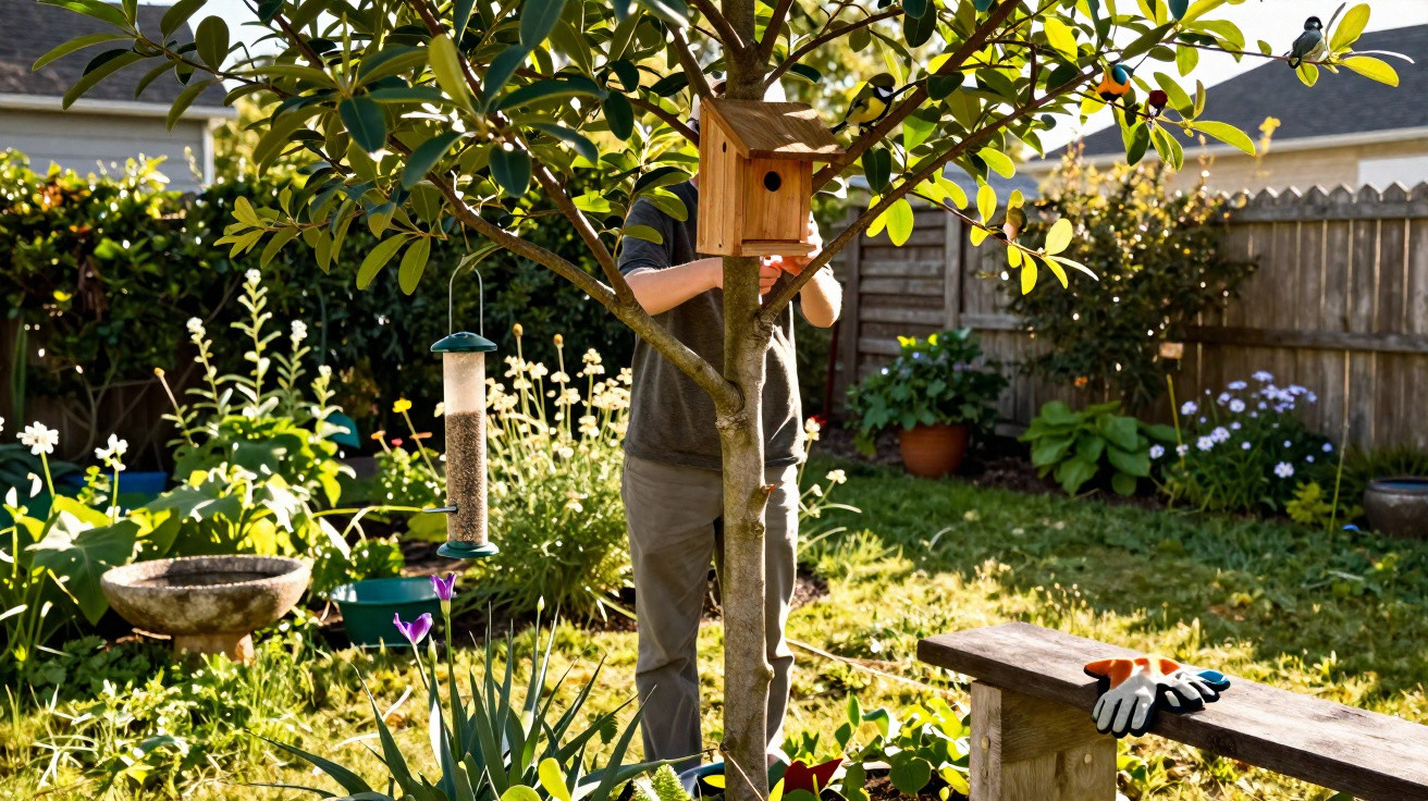 Pessoa a montar uma casinha de madeira numa árvore num jardim com plantas e ferramentas à volta.