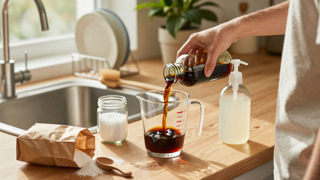 Pessoa a verter líquido castanho para um copo medidor numa bancada de cozinha com ingredientes e utensílios.