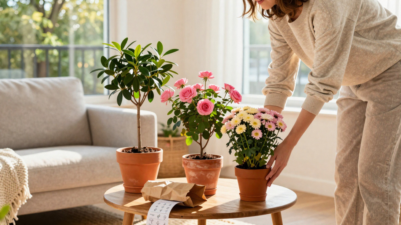 Mulher a organizar três plantas em vaso numa mesa de centro numa sala iluminada.