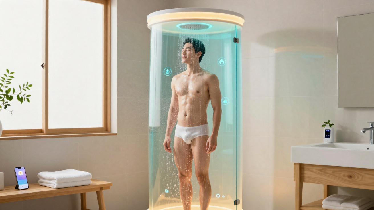 Homem tomando duche numa cabine futurista num banheiro moderno e iluminado.