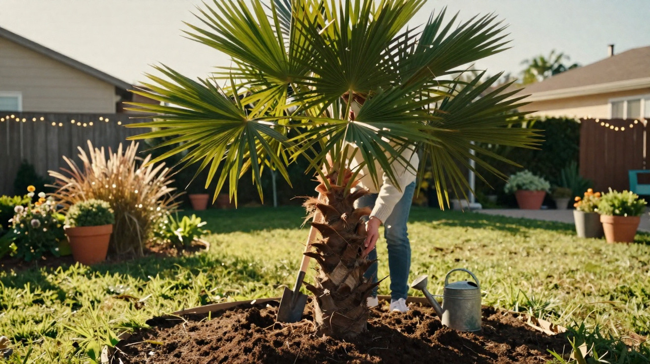 Pessoa a plantar uma pequena palmeira num jardim ensolarado com regador e pá ao lado.