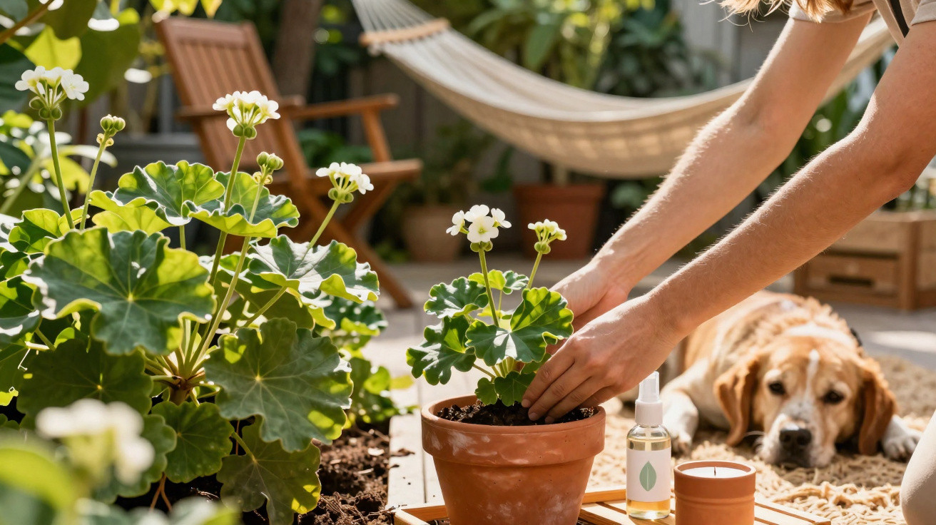 Pessoa a cuidar de planta com flores brancas em vaso, cão deitado ao fundo num espaço exterior.