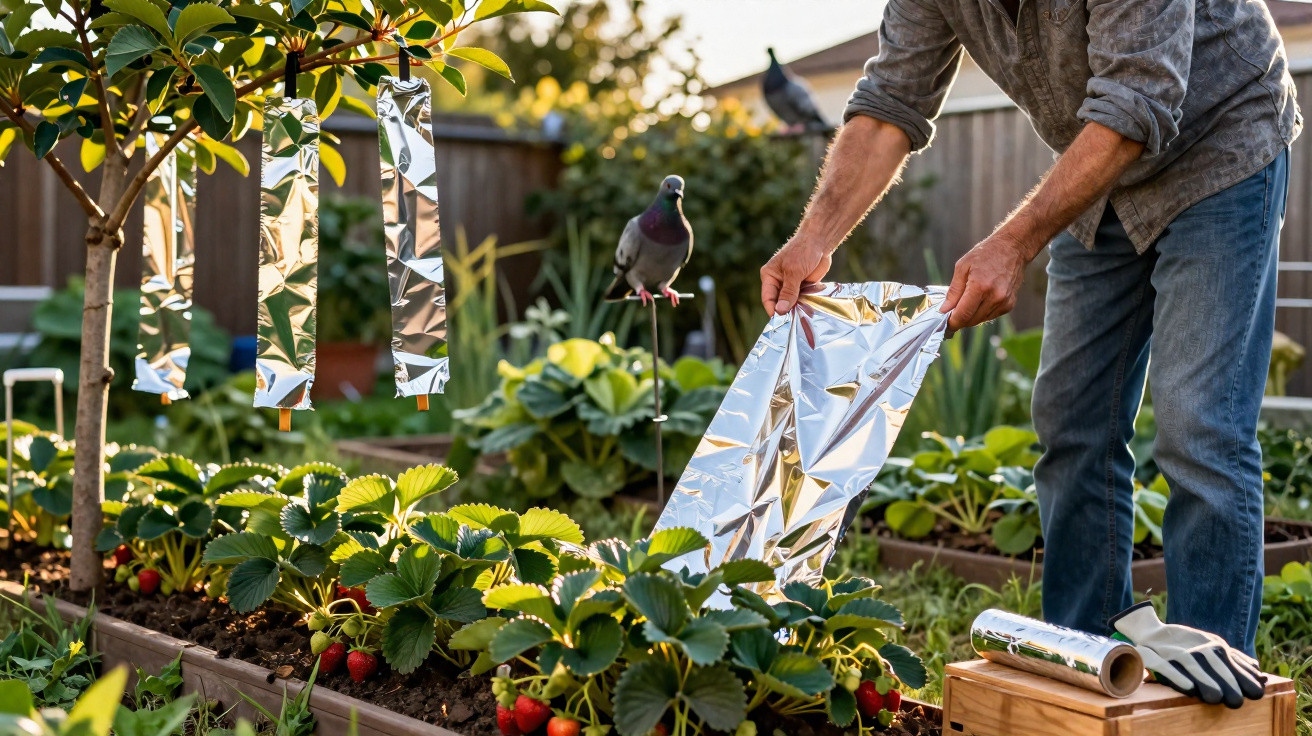 Pessoa a colocar fitas metálicas reflectoras numa plantação para afastar pombos das plantas de morango.
