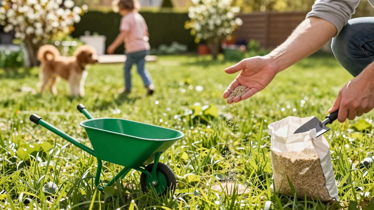 Pessoa a semear sementes na relva de um jardim com criança e cão ao fundo.
