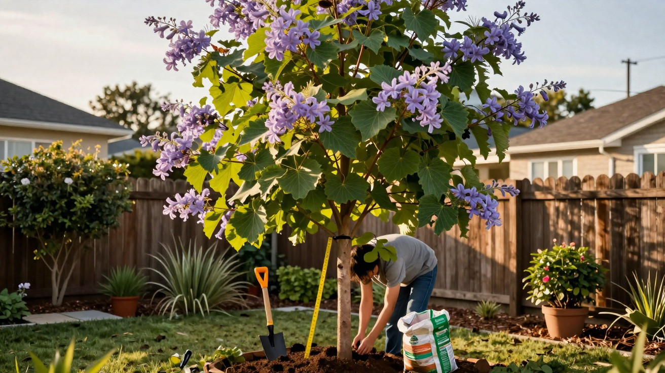 Pessoa a plantar uma árvore com flores roxas num jardim residencial ao fim da tarde.