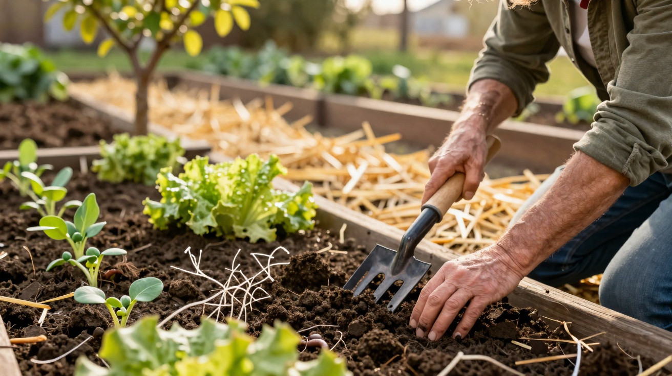 Pessoa a cultivar legumes num canteiro de jardim com ferramenta de jardinagem em terra escura.