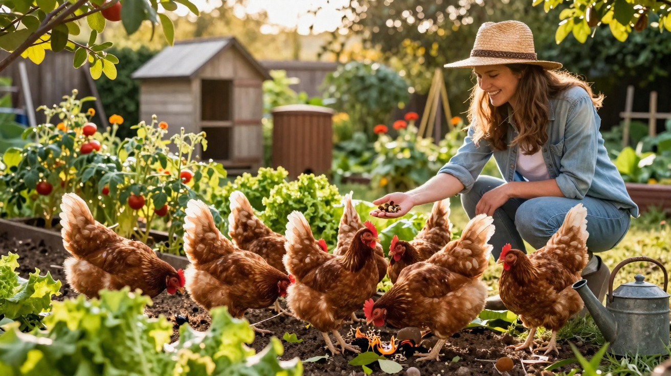 Mulher com chapéu a alimentar galinhas num jardim hortícola com plantas e legumes.