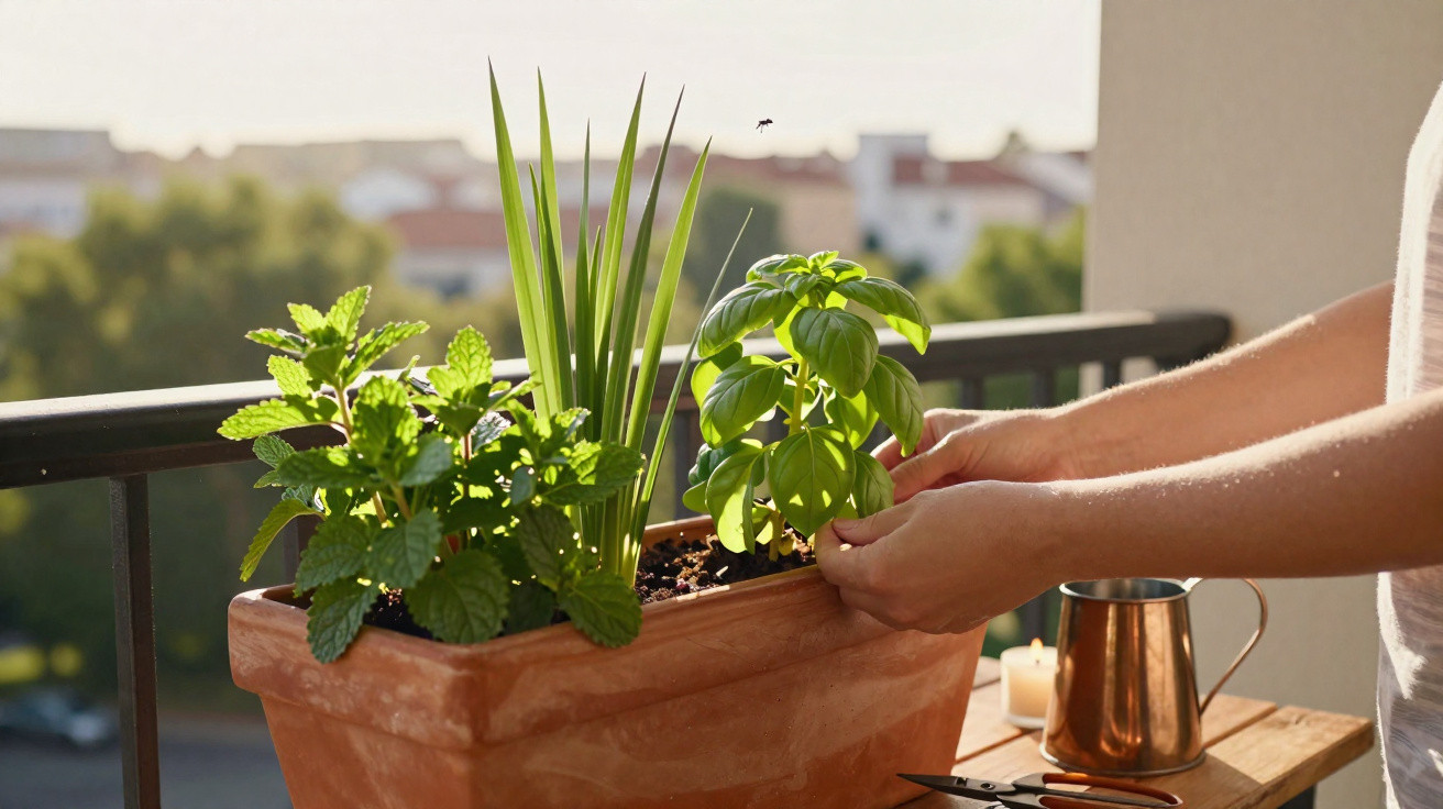 Pessoa a cuidar de plantas aromáticas num vaso de barro numa varanda ao entardecer.