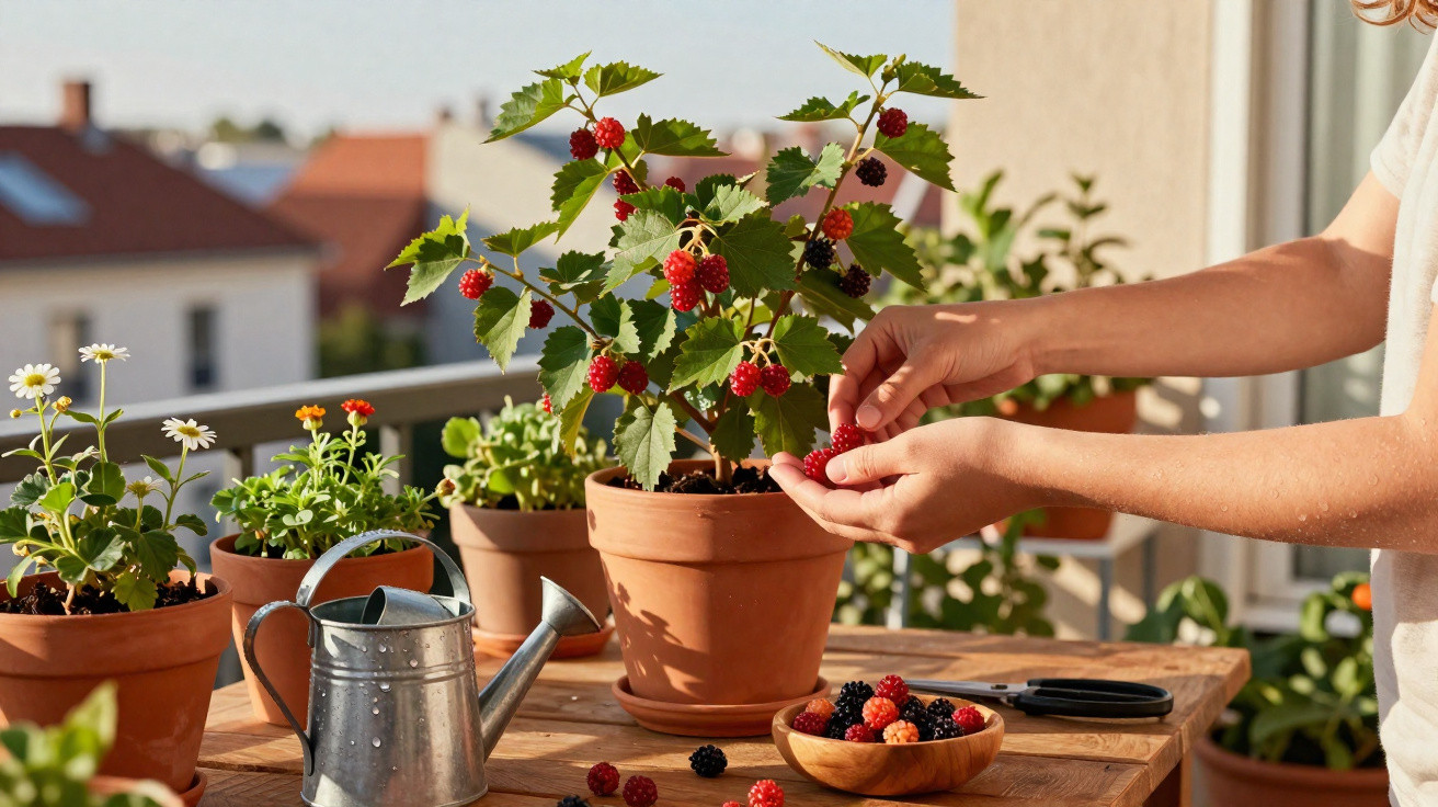 Mãos colhendo amoras vermelhas de planta em vaso num terraço com várias plantas e regador metálico.