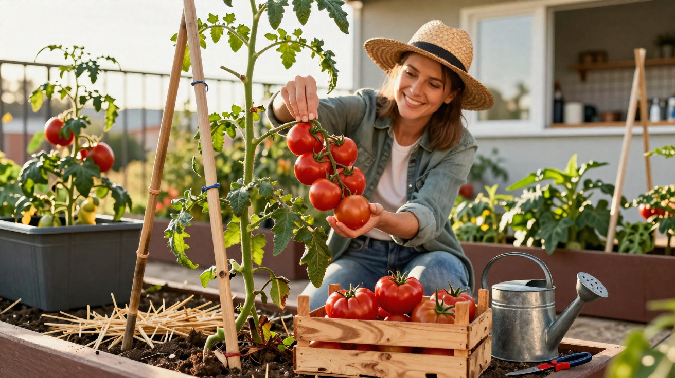 Mulher a colher tomates vermelhos maduros numa horta urbana, sorrindo e usando chapéu de palha.