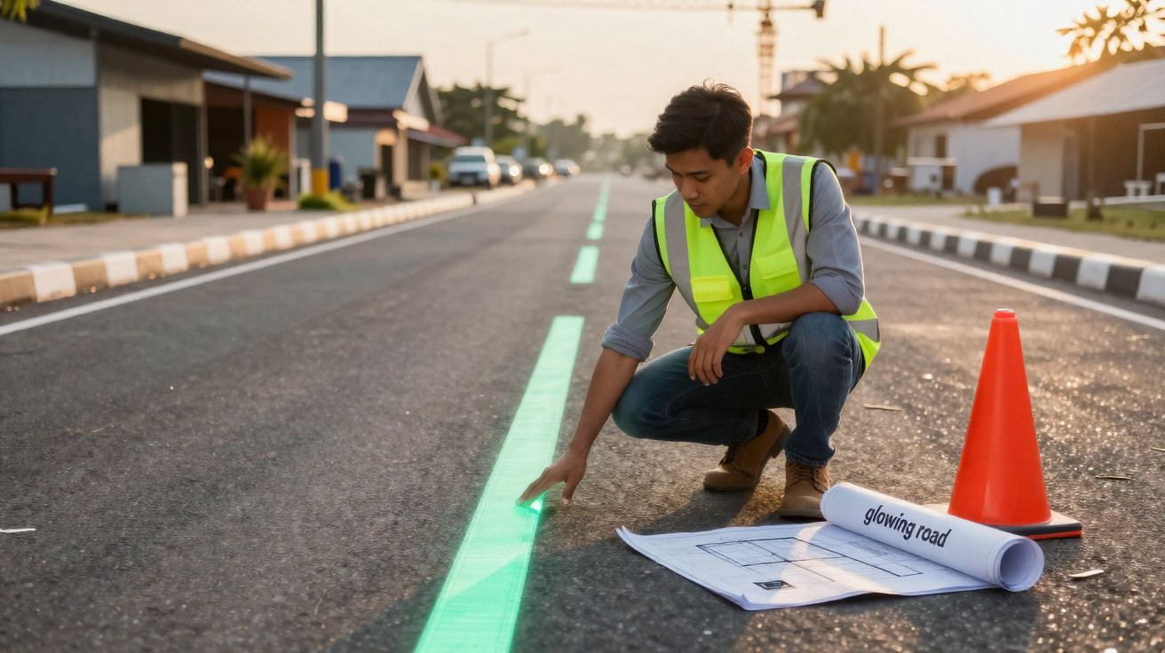 Engenheiro com colete reflector analisa linha luminosa verde numas estradas urbanas em construção.