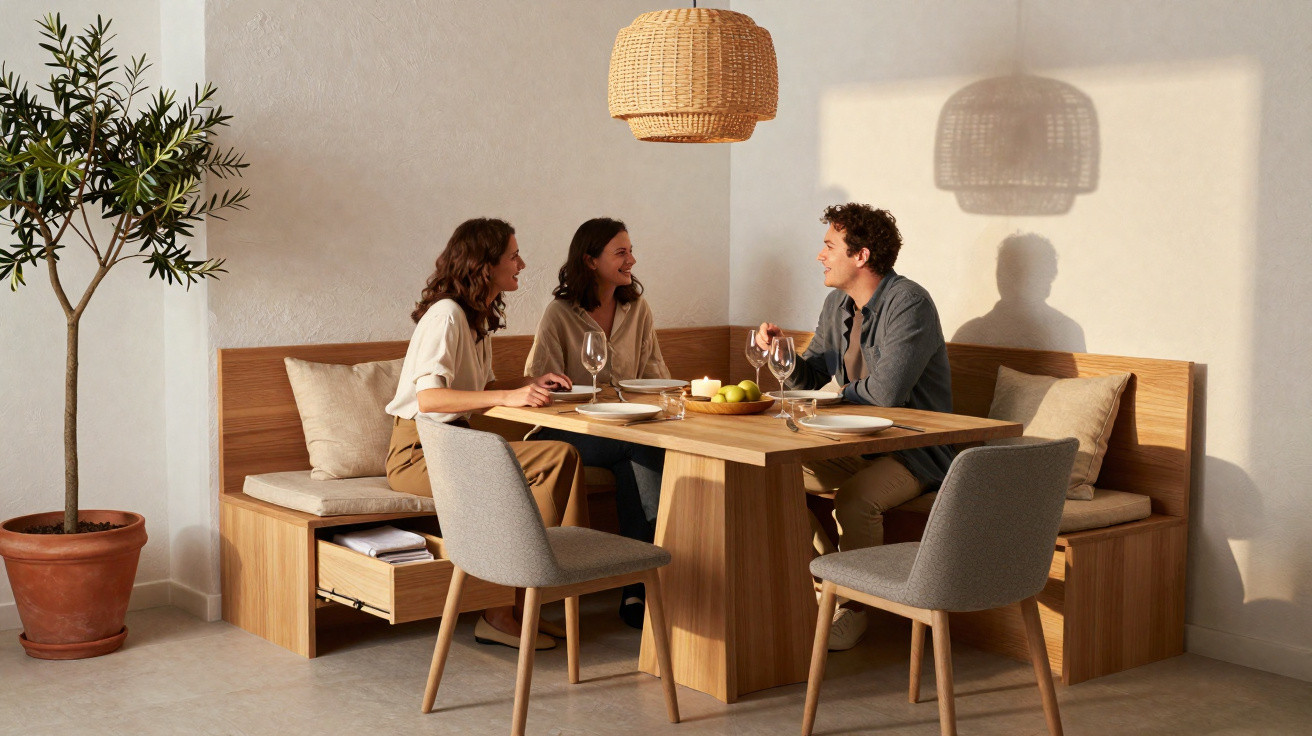 Três pessoas sentadas à mesa de jantar em madeira com lampião de rattan e planta em vaso no canto.