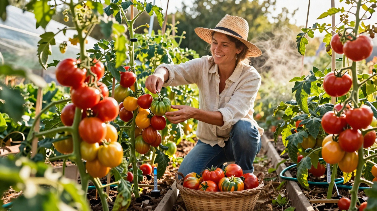 Mulher de chapéu colhe tomates coloridos numa estufa com cesta cheia de tomates ao lado.