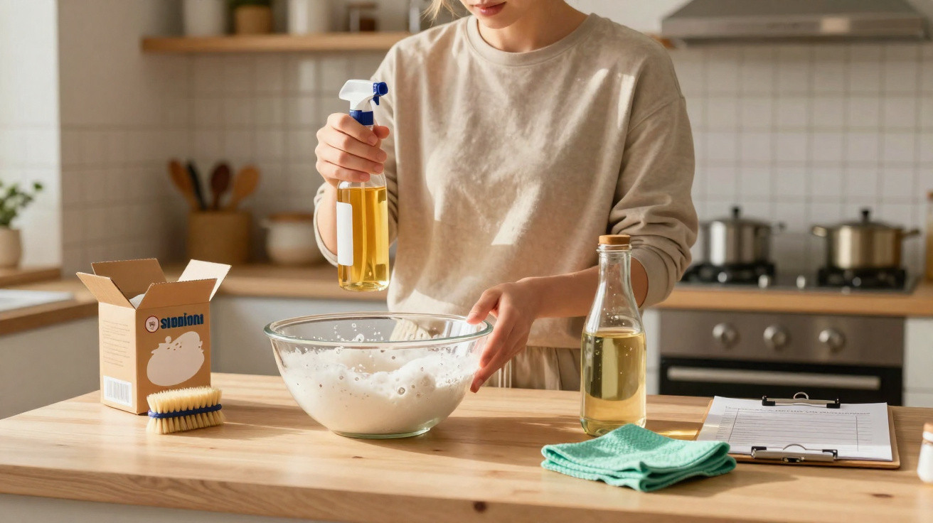 Pessoa a preparar solução de limpeza com spray e jarro numa cozinha moderna com ingredientes naturais.