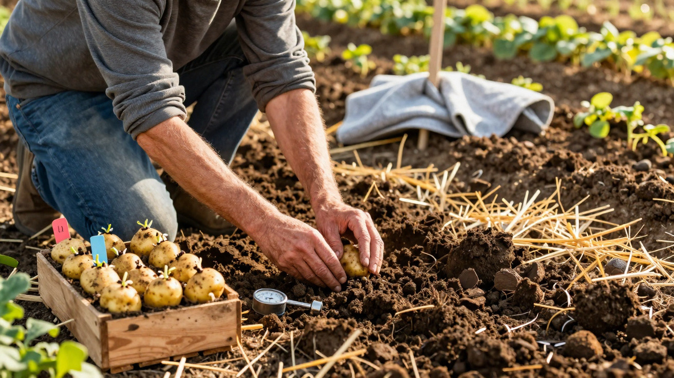 Pessoa a plantar batatas germinadas numa horta com terra cuidada e palha espalhada.